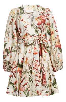 Zimmermann Lexi Floral Long Sleeve Linen Wrap Dress in Ivory Palm