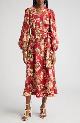 Zimmermann Lexi Floral Long Sleeve Linen Wrap Dress in Red Palm