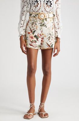 Zimmermann Lexi Tropical Floral Belted Raffia Trim Linen Shorts in Ivory Palm