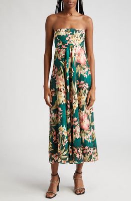 Zimmermann Lexi Tropical Floral Convertible Linen Midi Dress in Green Palm