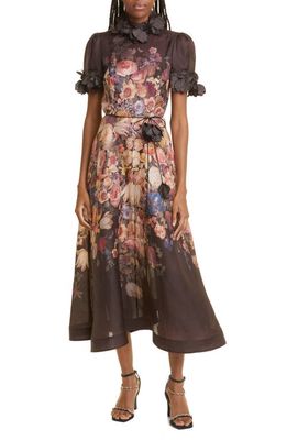 Zimmermann Liftoff Floral Linen & Silk Dress in Morisot Black Print