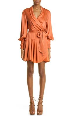 Zimmermann Long Sleeve Silk Charmeuse Wrap Dress in Tangerine