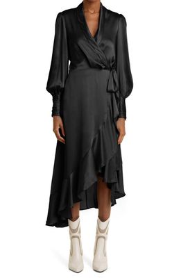 Zimmermann Long Sleeve Silk Wrap Dress in Black