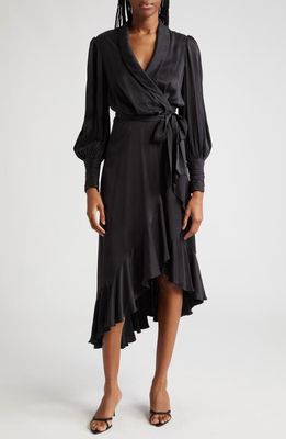 Zimmermann Long Sleeve Silk Wrap Midi Dress in Black