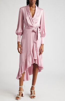 Zimmermann Long Sleeve Silk Wrap Midi Dress in Pink