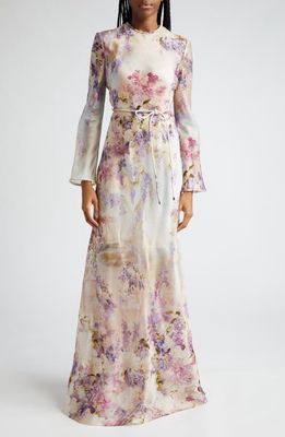 Zimmermann Luminosity Floral Print Long Sleeve Silk Satin Dress in Dreamy Floral