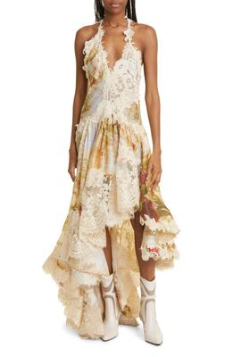 Zimmermann Luminosity Splice Floral Lace Linen & Silk High-Low Dress in Garden Scene