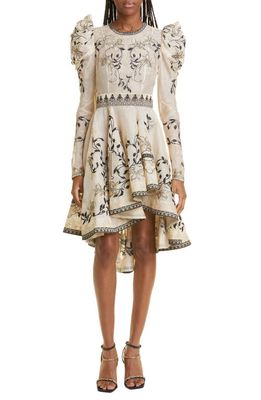 Zimmermann Lyrical Embroidery Long Sleeve High-Low Dress in Book Cover Gold/Cream
