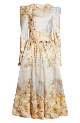 Zimmermann Lyrical Garden Print Ruched Long Sleeve Silk Midi Dress in Garden Scene