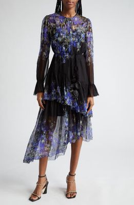 Zimmermann Lyrical Iris Print Tiered Ruffle Long Sleeve Silk Georgette Midi Dress in Blue Iris Black