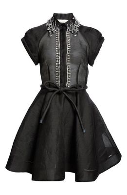 Zimmermann Matchmaker Crystal Embellished Belted Linen & Silk Organza Minidress in Black
