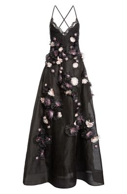 Zimmermann Matchmaker Daisy Linen & Silk Organza Gown in Black/Pink