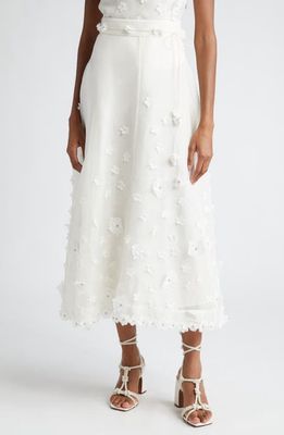 Zimmermann Matchmaker Floral Appliqué Linen & Silk Organza Skirt in Ivory