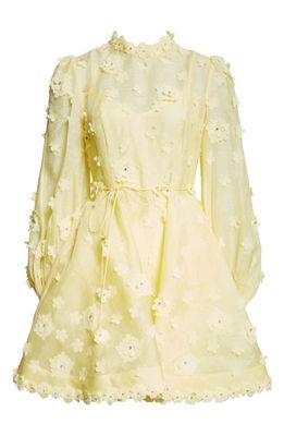 Zimmermann Matchmaker Floral Appliqué Long Sleeve Linen & Silk Organza Minidress in Lemon