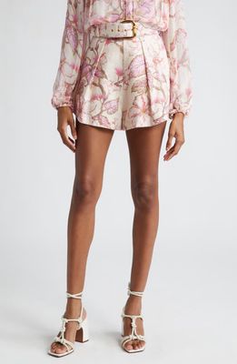 Zimmermann Matchmaker Floral Belted Linen Shorts in Coral Hibiscus