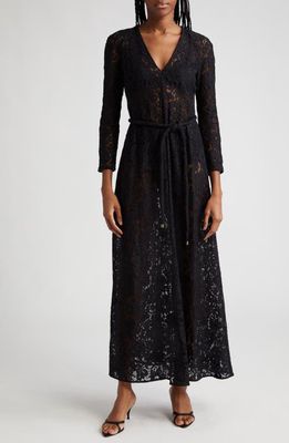 Zimmermann Matchmaker Floral Lace Belted Long Sleeve A-Line Dress in Black
