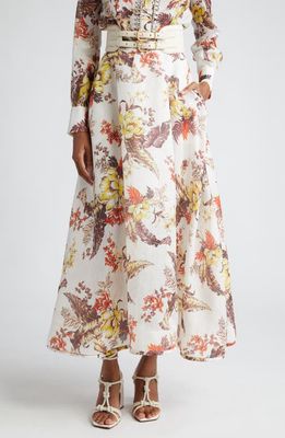 Zimmermann Matchmaker Floral Print Linen & Silk Maxi Skirt in Ivory Tropical Floral