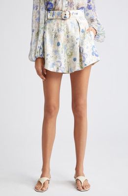 Zimmermann Natura Floral Belted Linen Shorts in Blue Garden Print