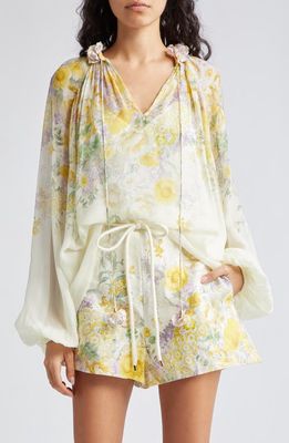 Zimmermann Natura Floral Blouson Sleeve Chiffon Top in Citrus Garden Print