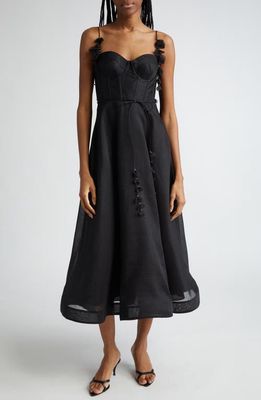 Zimmermann Natura Linen & Silk Organza Corset Midi Dress in Black