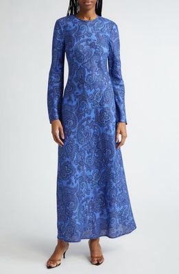 Zimmermann Ottie Paisley Long Sleeve Open Back Linen Maxi Dress in Blue Paisley at Nordstrom, Size 3