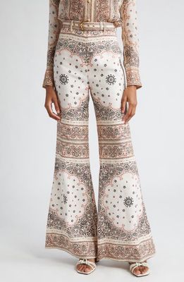 Zimmermann Paisley Print Belted High Waist Linen Wide Leg Pants in Cream Bandana