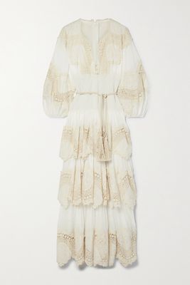 Zimmermann - Pattie Belted Tiered Crochet-trimmed Embroidered Ramie Maxi Dress - Ivory
