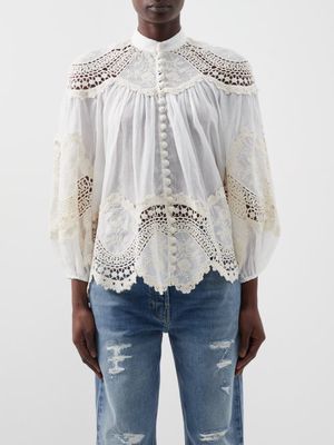 Zimmermann - Pattie Embroidered Voile And Macramé-lace Blouse - Womens - Ivory