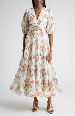 Zimmermann Pleated Tiered Midi Dress in Coral Floral