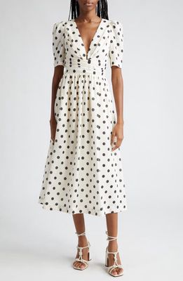 Zimmermann Polka Dot Pleated Linen Midi Dress in Cream/Black Dot