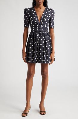 Zimmermann Polka Dot Pleated Linen Minidress in Black/Cream Dot