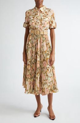 Zimmermann Pop Pleated Midi Shirtdress in Gold/Peach Floral