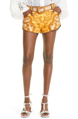 Zimmermann Raie Placed Print Linen Shorts in Gold Brown Floral