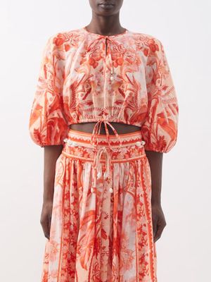 Zimmermann - Shell-charm Tropical-print Linen Crop Top - Womens - Red Print