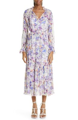 Zimmermann Tama Floral Semisheer Tiered Long Sleeve Silk Midi Dress in Iris Print
