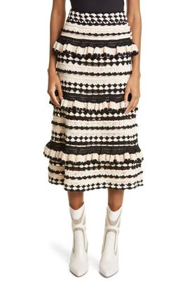 Zimmermann Tiered Mixed Stitch Cotton Skirt in Black Cream