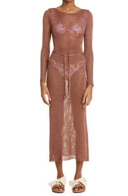 Zimmermann Tropicana Long Sleeve Cotton Mesh Midi Cover-Up Dress in Matte Rose