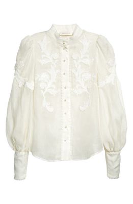 Zimmermann Wonderland Applique Long Sleeve Linen & Silk Blouse in Ivory