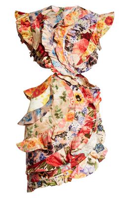Zimmermann Wonderland Frill Cutout Linen & Silk Minidress in Spliced Multi Floral