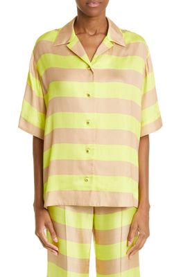 Zimmermann Wonderland Stripe Silk Camp Shirt in Lime Stripe