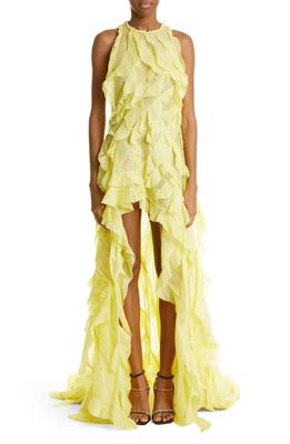 Zimmermann Wonderland Waterfall Ruffle High-Low Linen & Silk Gown in Lemon