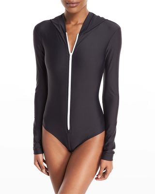Zip-Front Hooded Long-Sleeve One-Piece Swimsuit
