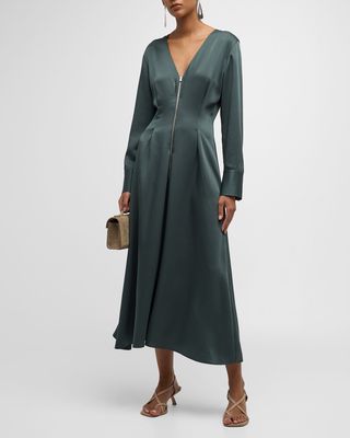 Zip-Front Long-Sleeve Midi Dress