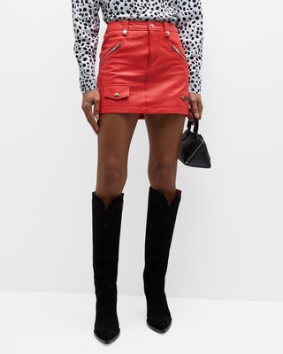 Zip-Pocket Faux-Leather Mini Skirt