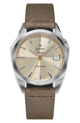 Zodiac Olympos Leather Strap Watch, 37.5mm in Brown 