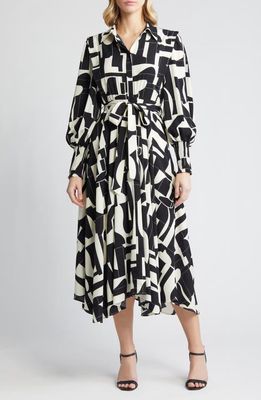 ZOE AND CLAIRE Abstract Print Long Sleeve Tie Belt Midi Dress in Ivory/Black 