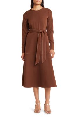 ZOE AND CLAIRE Belted Long Sleeve Midi Dress in Brown