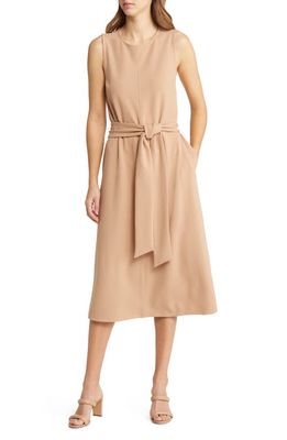 ZOE AND CLAIRE Belted Sleeveless Midi Dress in Camel