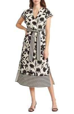 ZOE AND CLAIRE Floral & Stripe Tie-Waist Stretch Cotton Midi Dress in Black