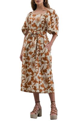 ZOE AND CLAIRE Floral Tie Waist Puff Sleeve Dress in Camel